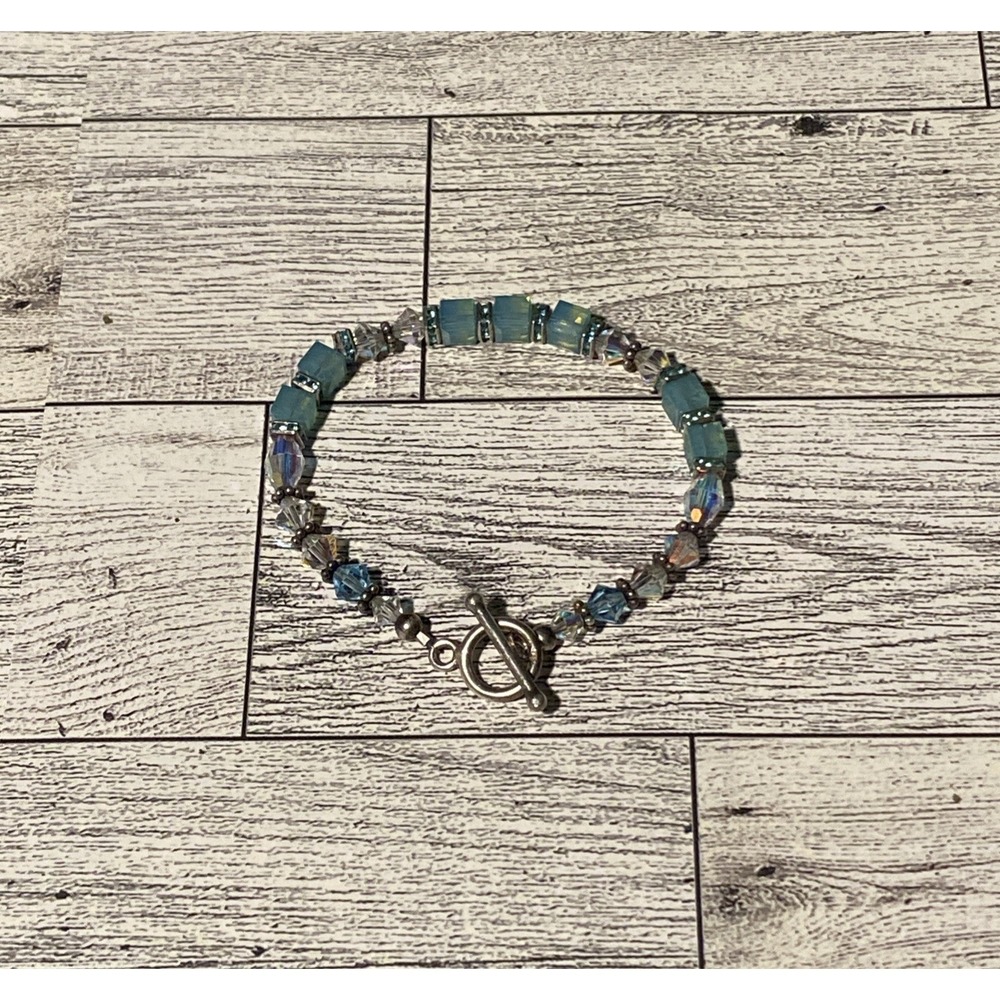 Sterling BLUE Green GLASS AB Rhinestone Crystal Beaded TOGGLE CLASP Bracelet Vtg